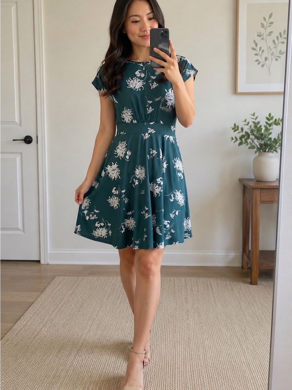 Women's Teal Green Floral Fit & Flare Mini Dress